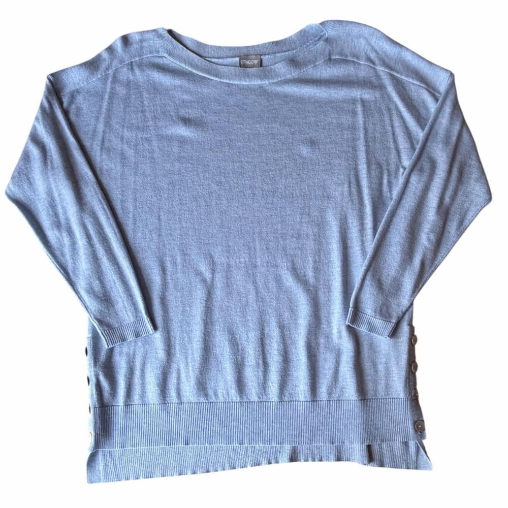 Chico’s Light Heathered Blue 3/4 Sleeve Tunic Sweater Top, Large (Size 2)
